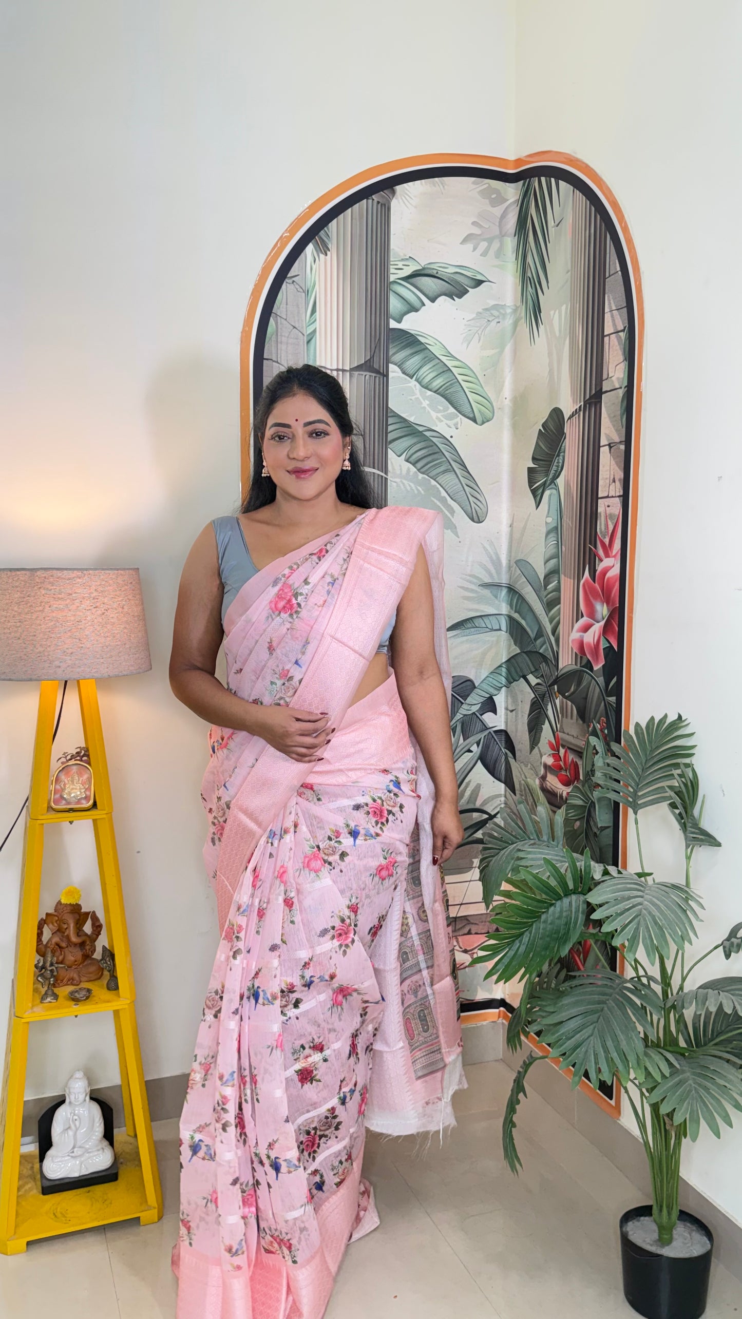 Soft linen floral print woven zari