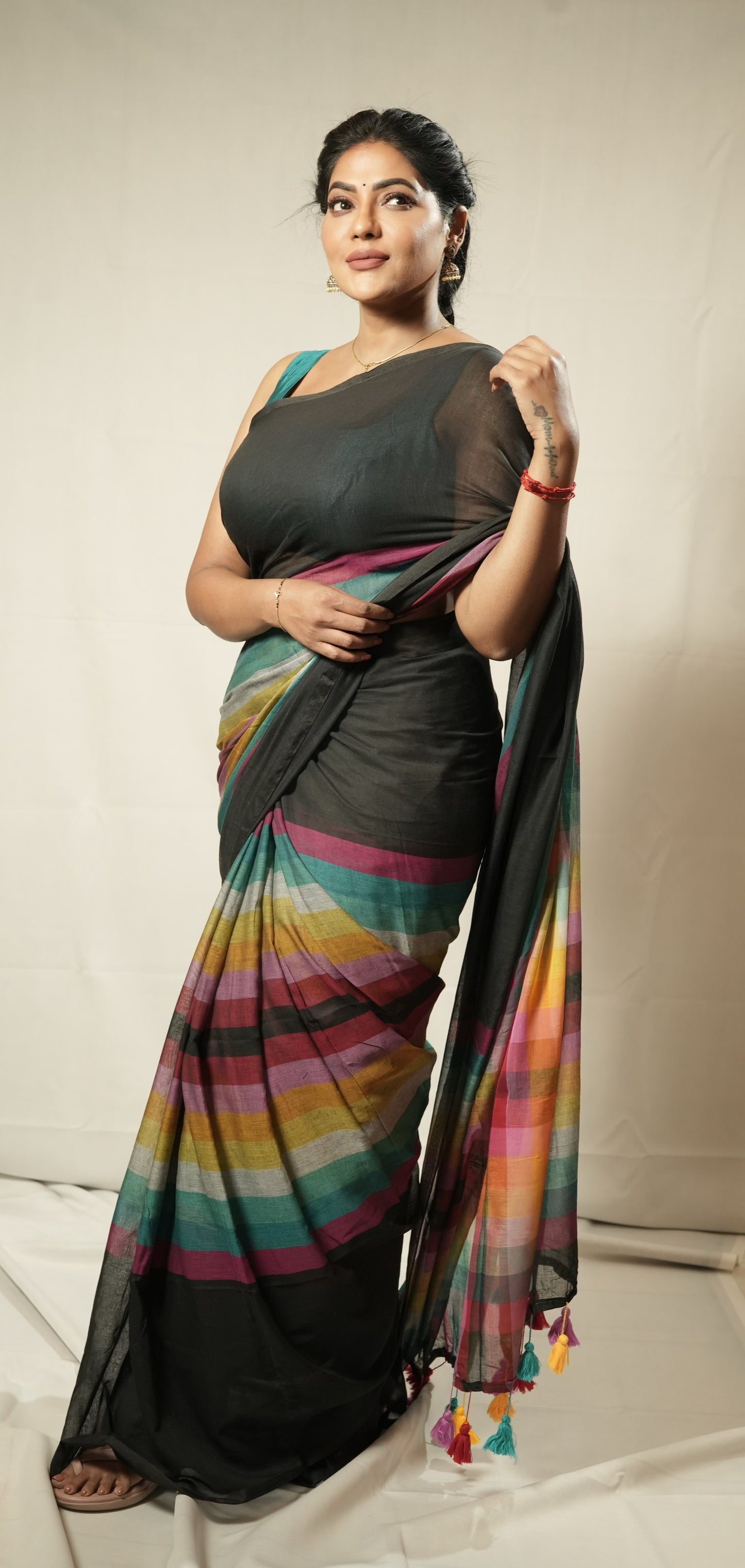 Rainbow mul cotton saree
