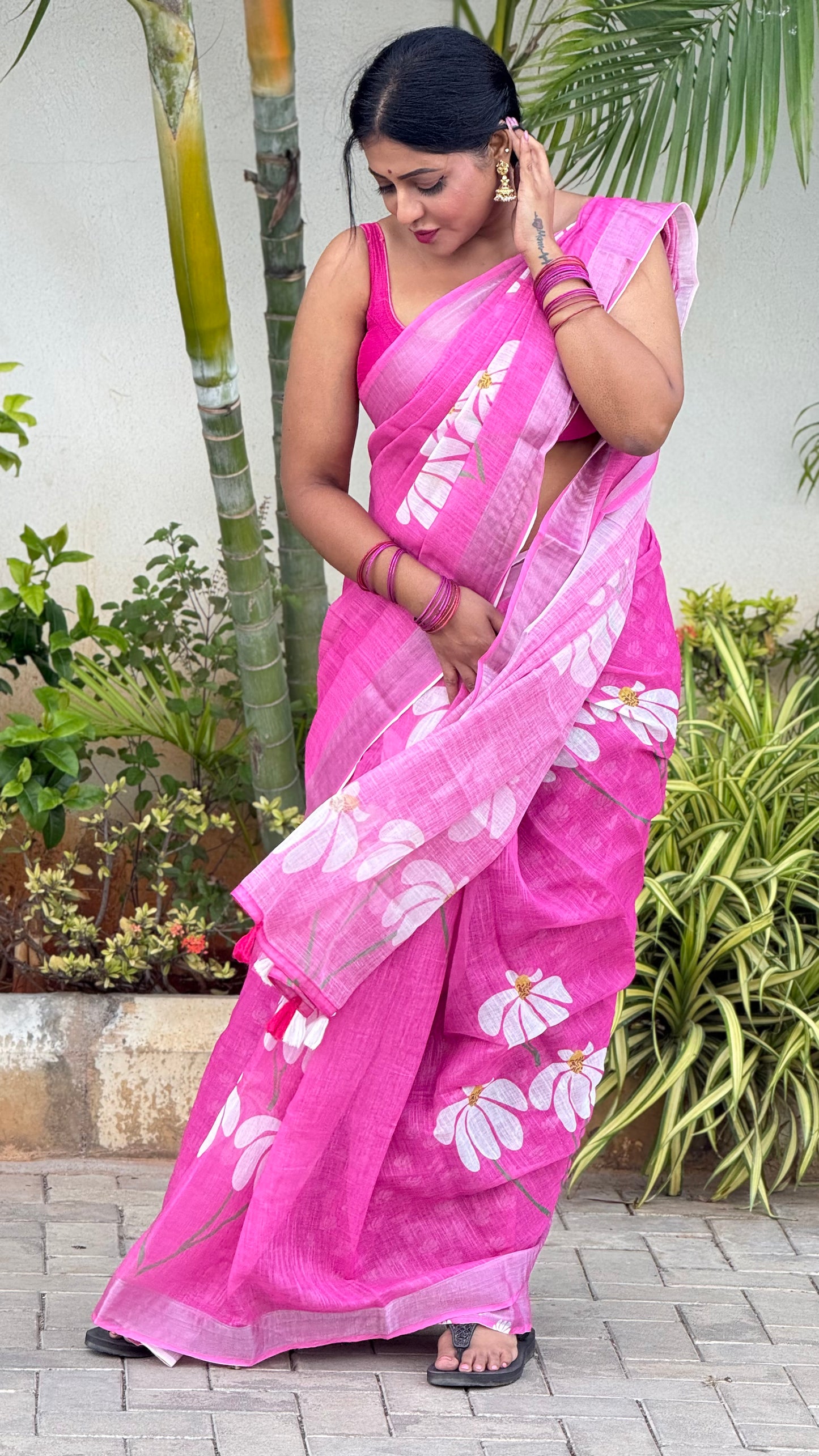 Pink linen cotton saree