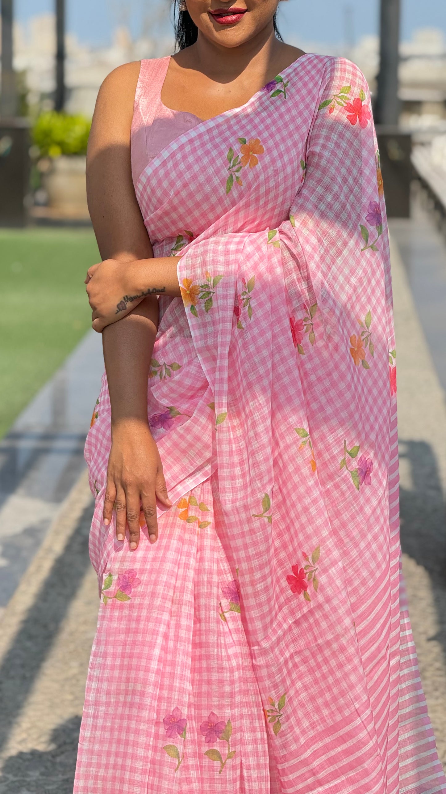 Pink checks mul chanderi