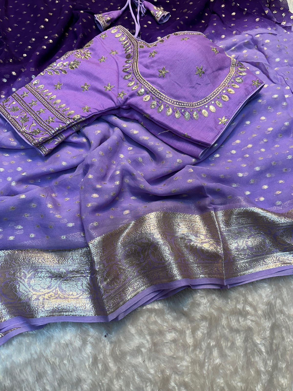 A Viscose Georgette Saree With Banarasi Multi Embroidery Work