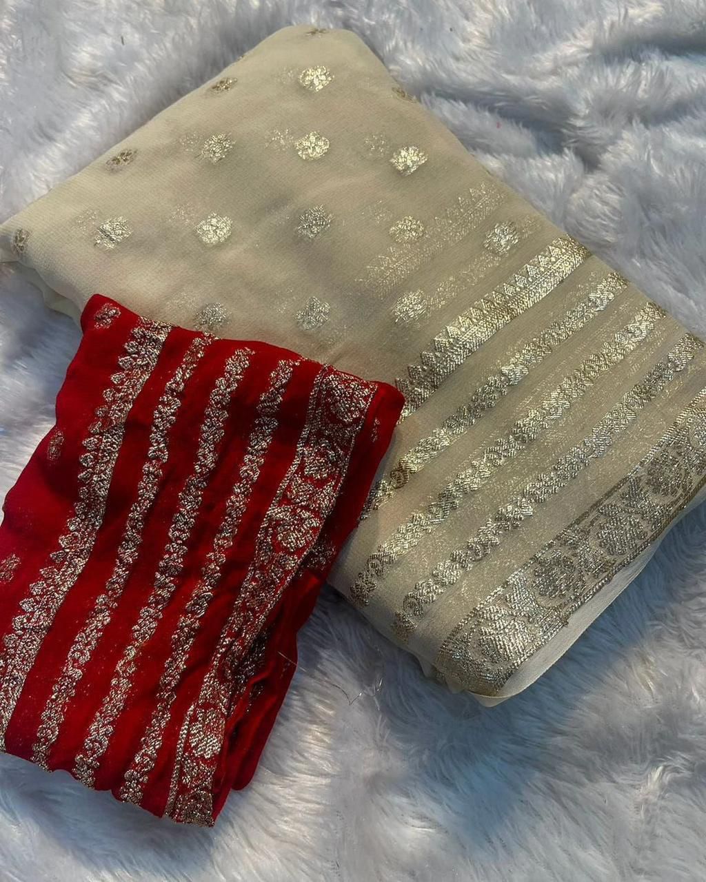 Viscose georgette saree with zari butta and Unstitched contrast blouse