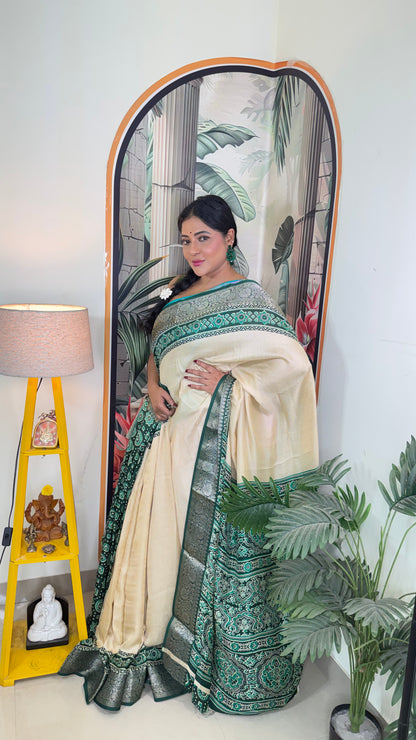 Banarasi silk cream and teal green