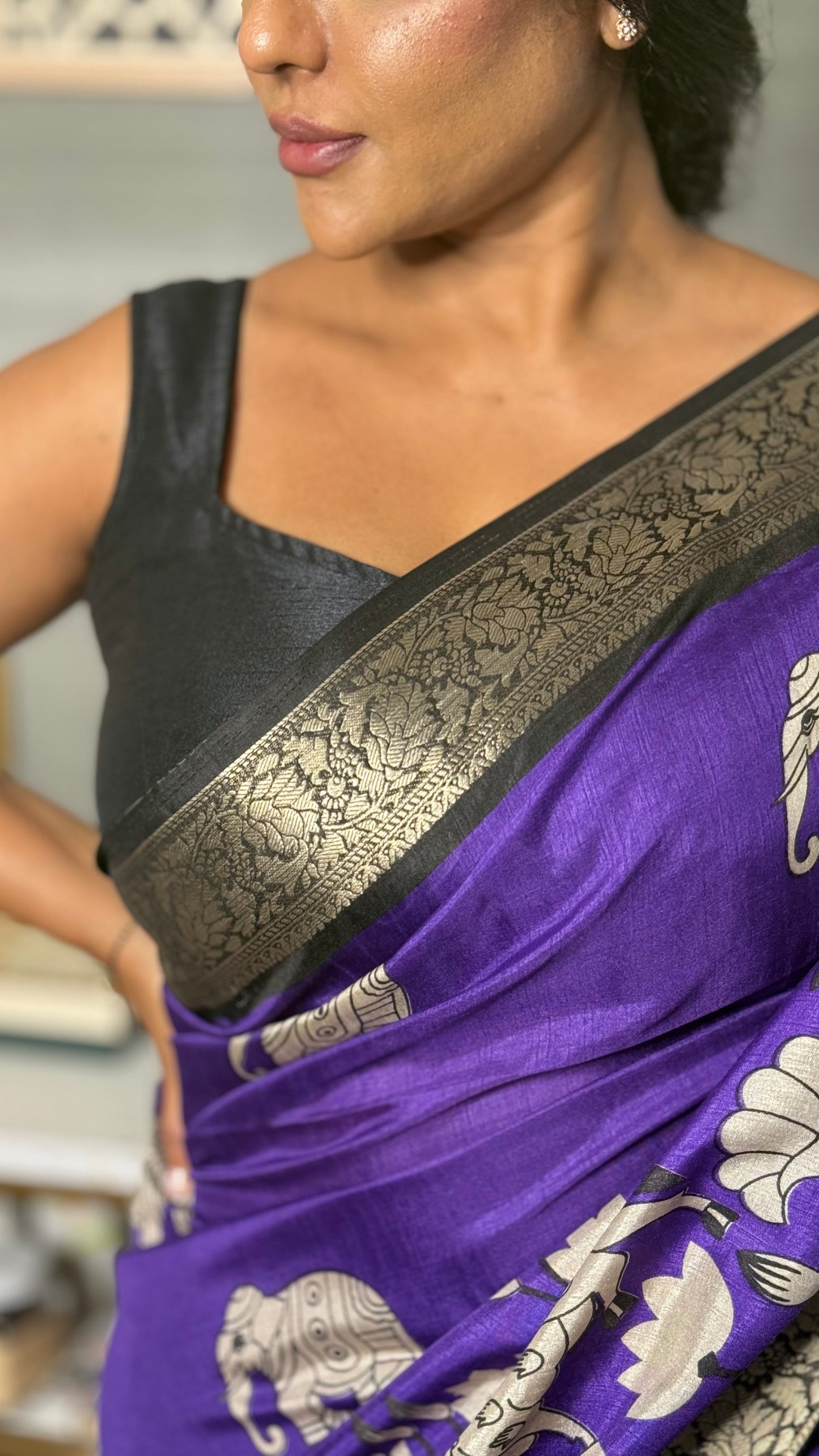 soft mul mul cotton saree with Kalamkari & pichwai work all over the saree with contrast zari border blouse