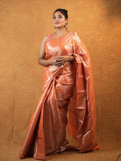Radiant bright orange chinia silk saree