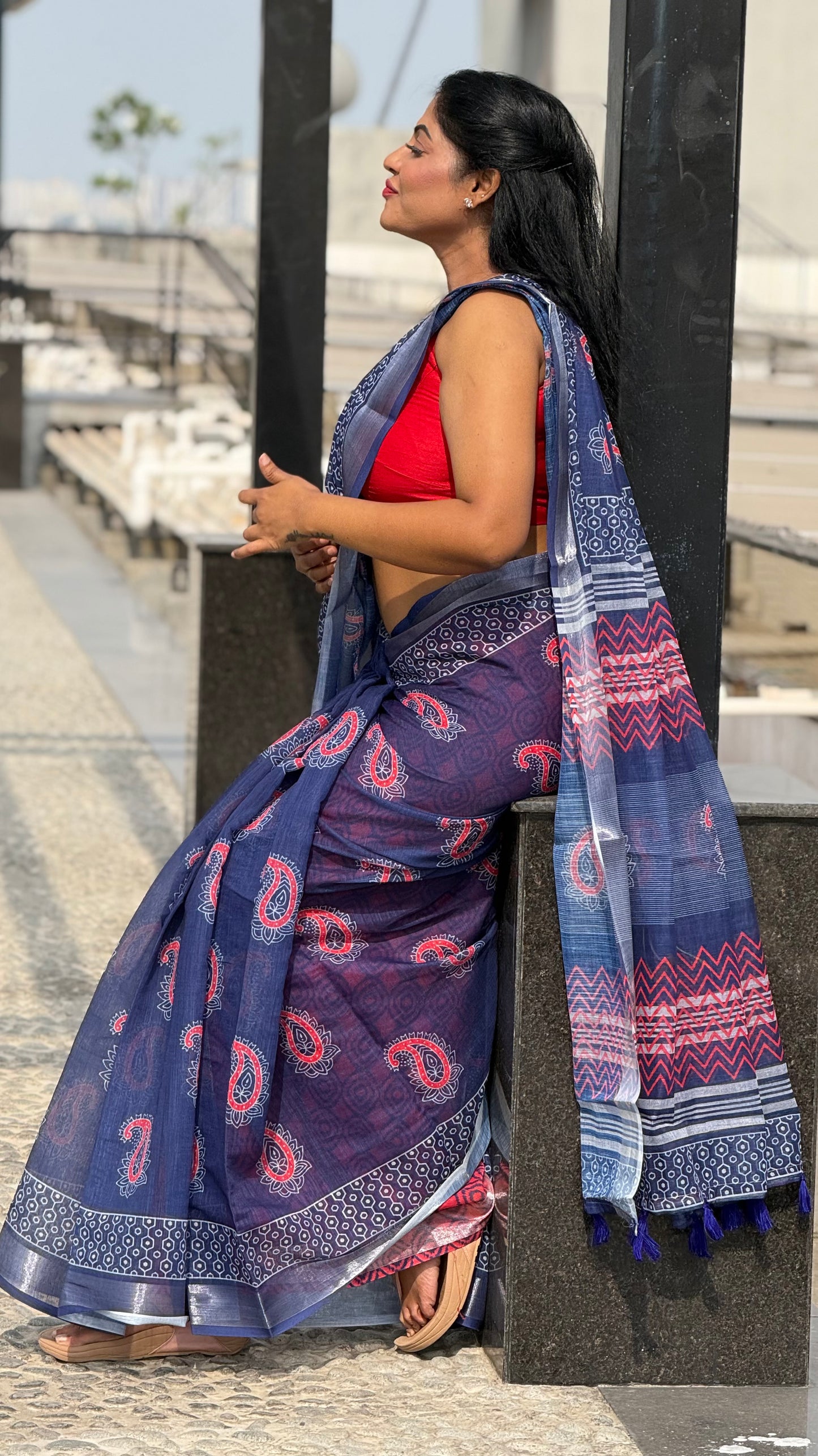 Blue and red linen cotton sarees
