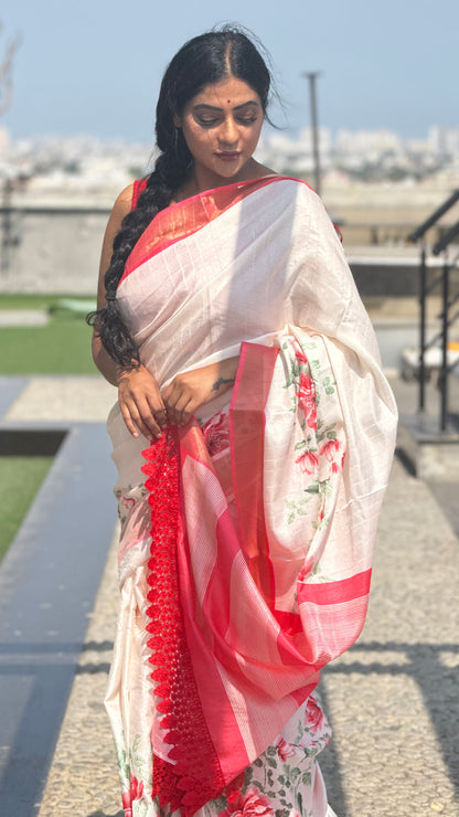 Pure tussar cream & red lace border