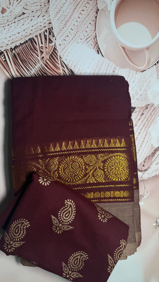 Chocolate brown Kanchi cotton saree