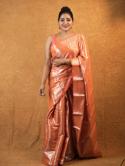 Radiant bright orange chinia silk saree