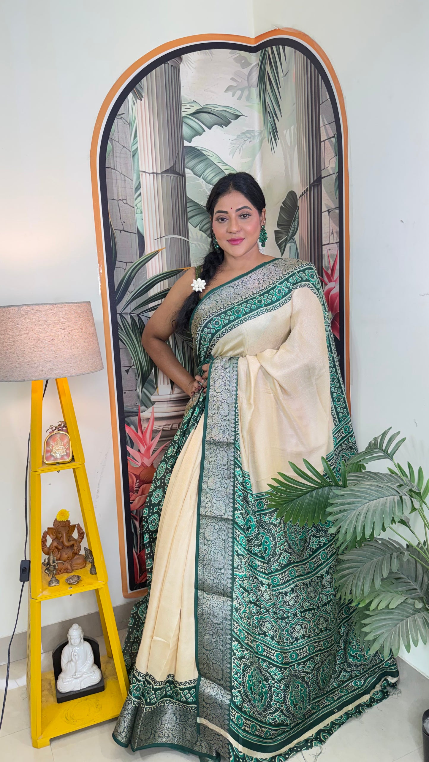 Banarasi silk cream and teal green