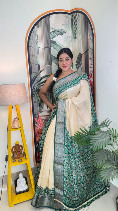 Banarasi silk cream and teal green