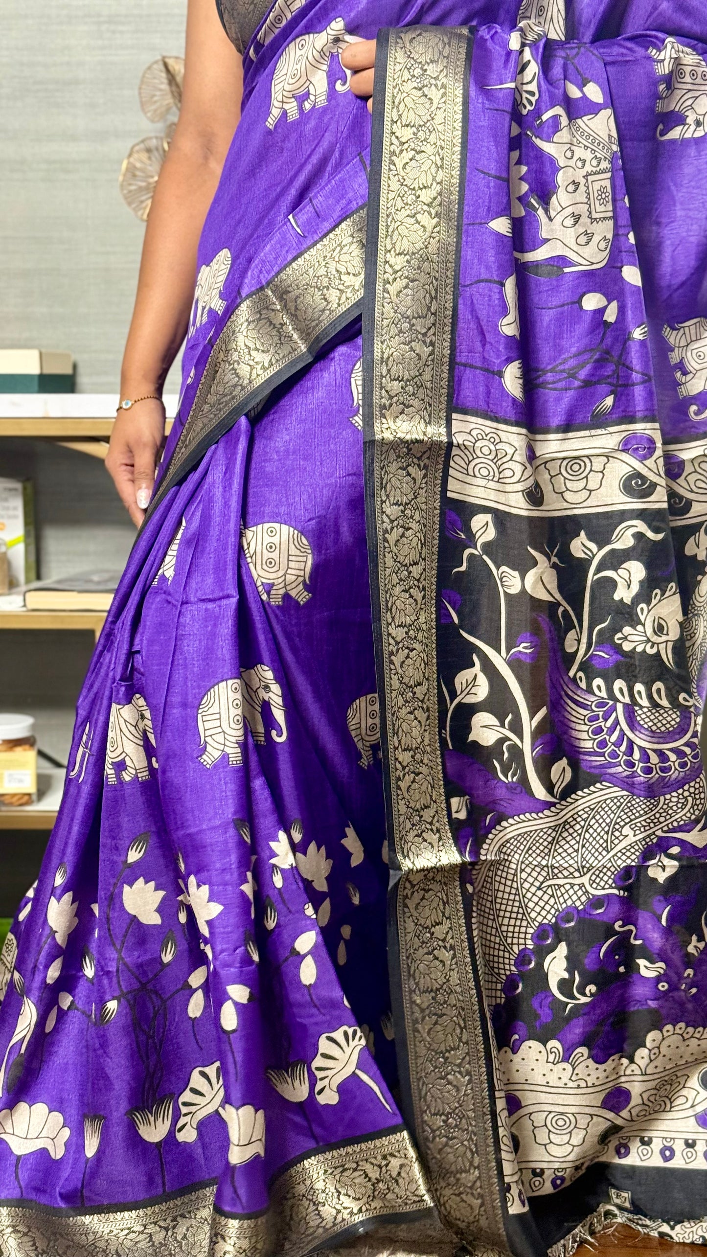 soft mul mul cotton saree with Kalamkari & pichwai work all over the saree with contrast zari border blouse