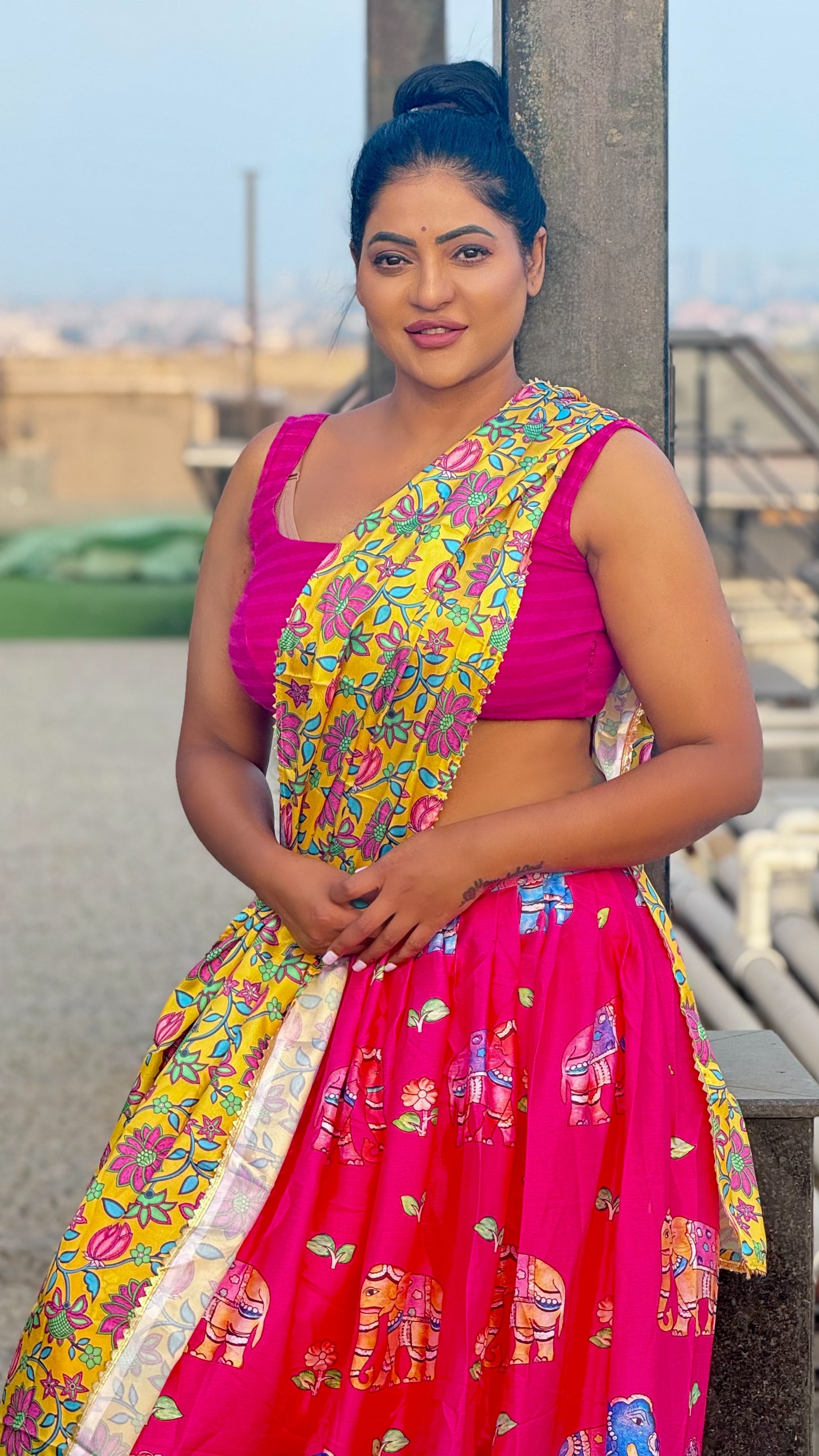 Kalamkari lehenga with dupatta and self design blouse