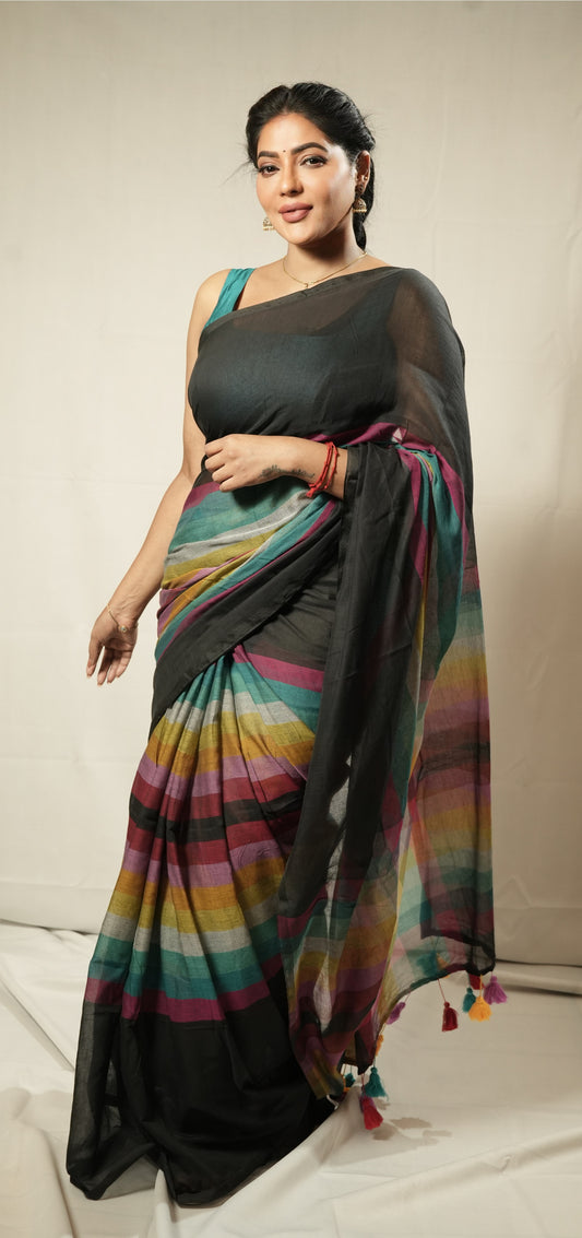 Rainbow mul cotton saree