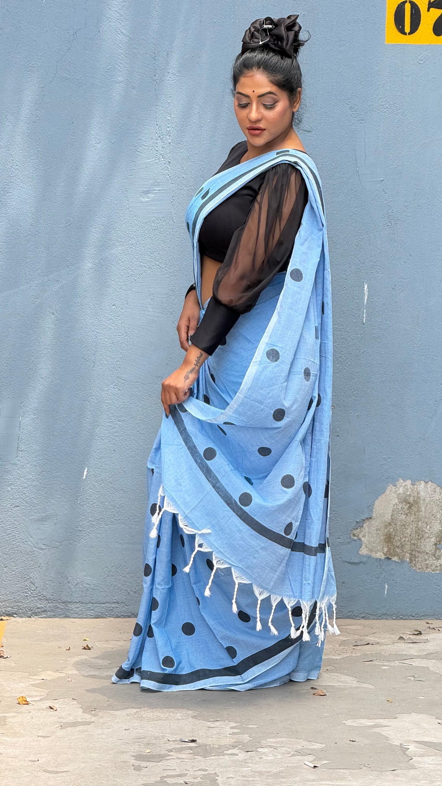 Polka dot khadi cotton saree