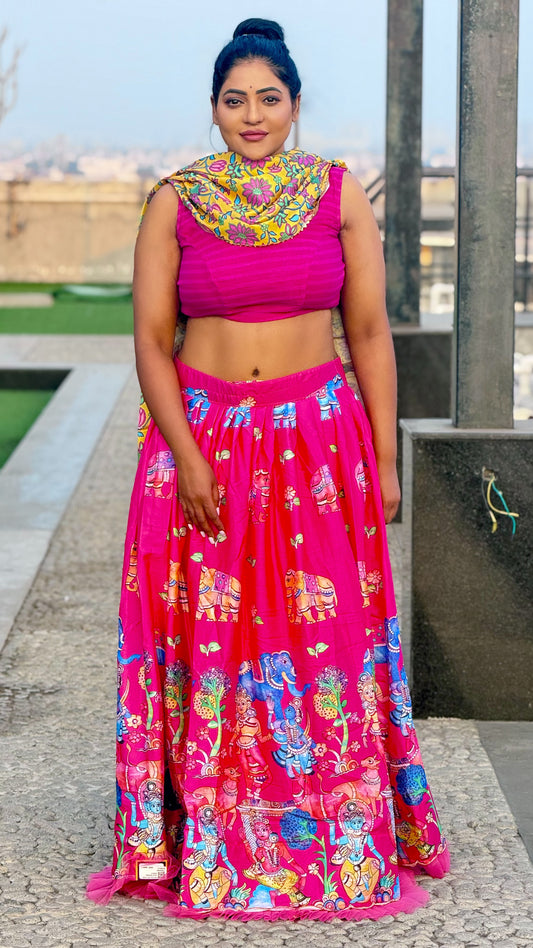 Kalamkari lehenga with dupatta and self design blouse