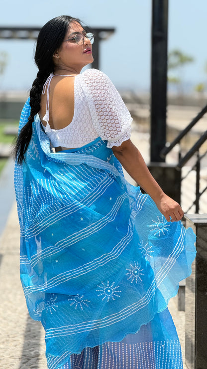 Aqua blue linen cotton with mirror work