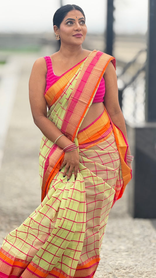 Kota doria kada saree with contrast pink blouse and zari