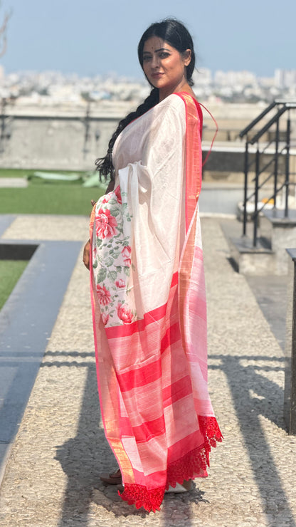Pure tussar cream & red lace border