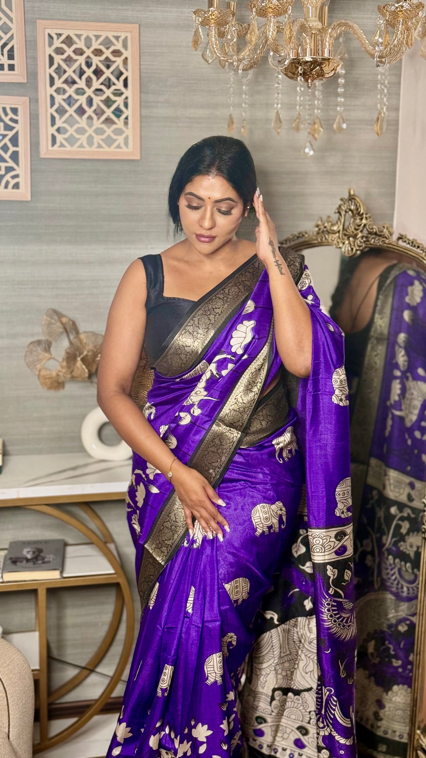 soft mul mul cotton saree with Kalamkari & pichwai work all over the saree with contrast zari border blouse