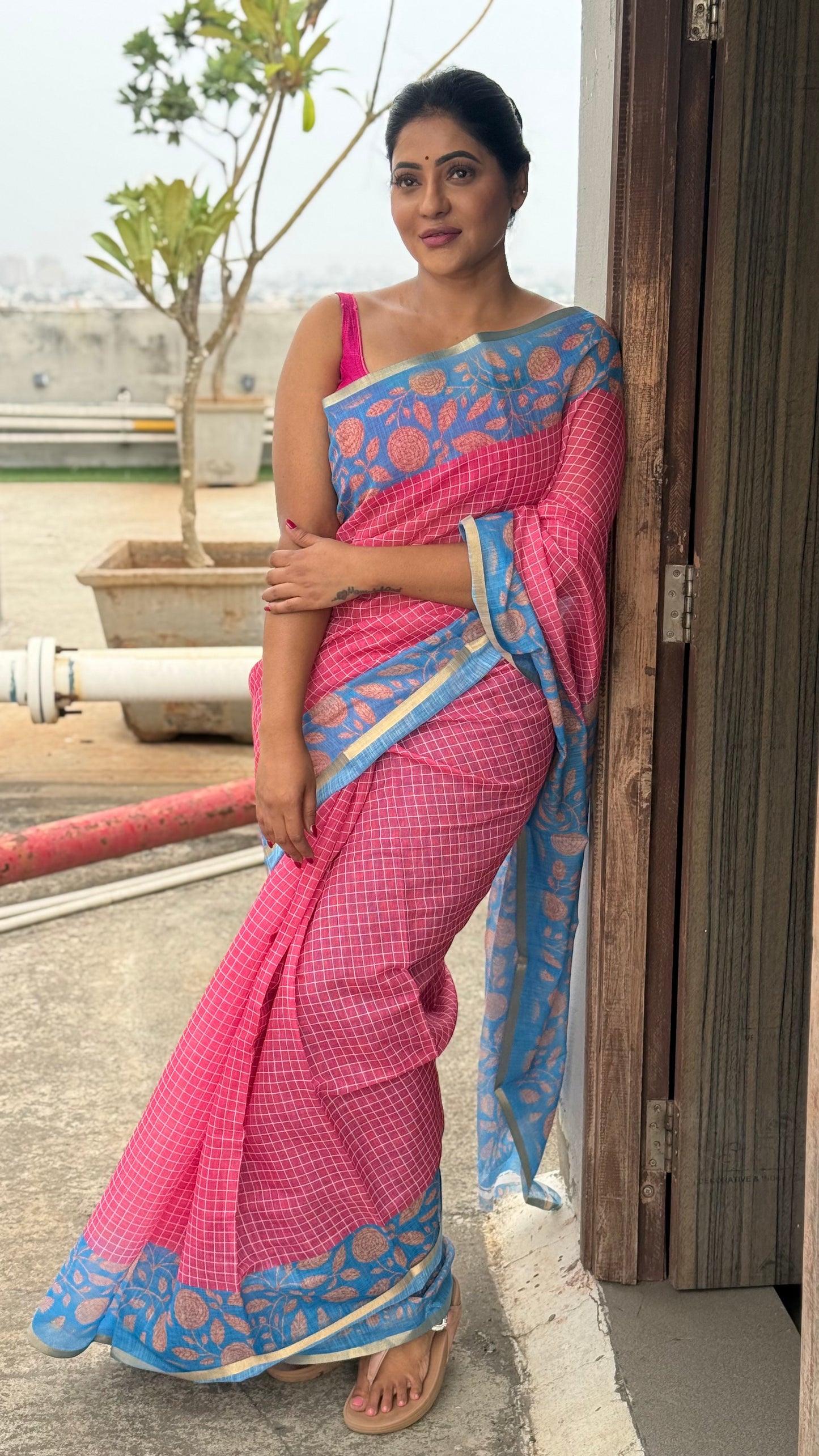 Pink check with baby blue flowers