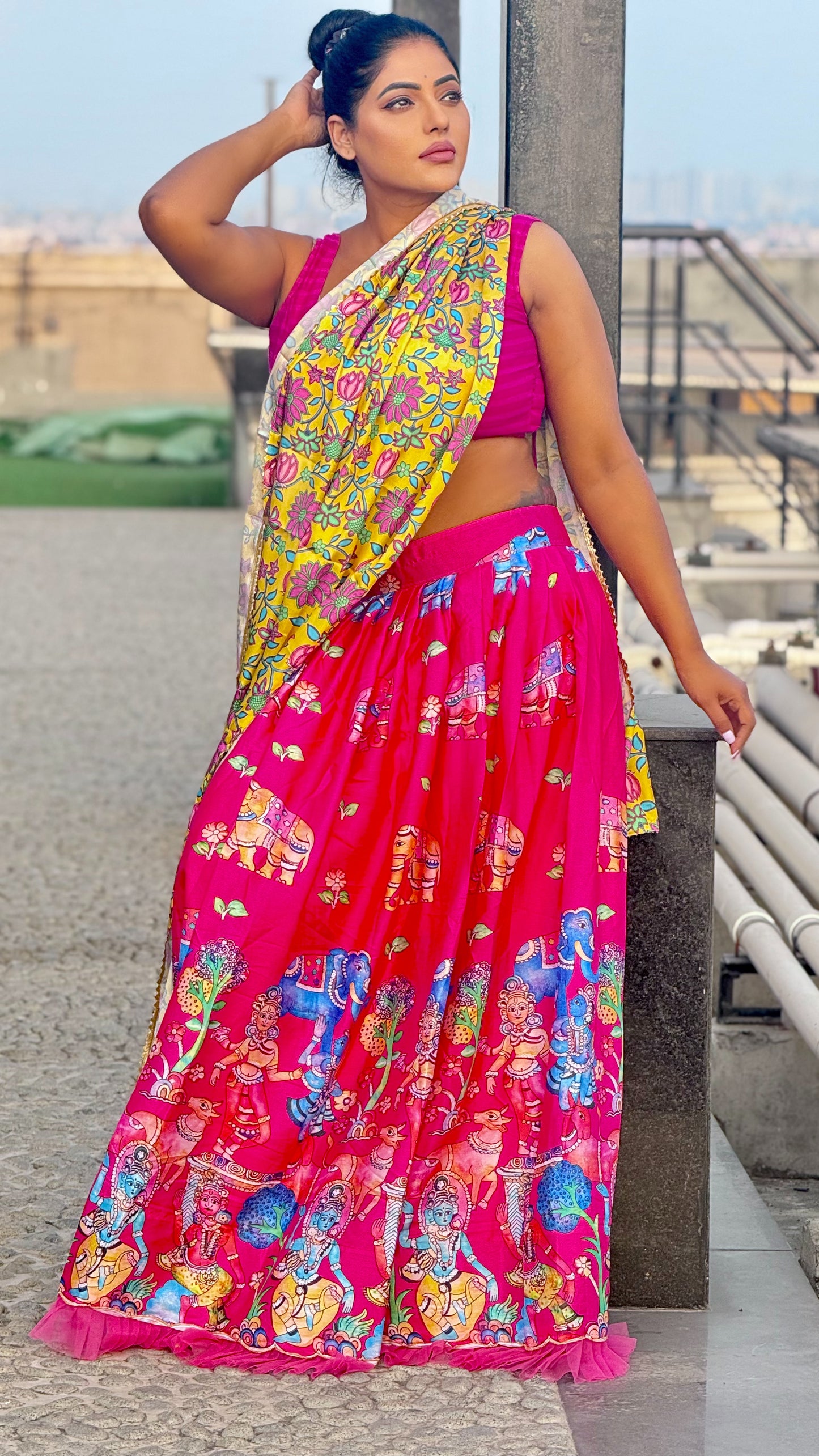 Kalamkari lehenga with dupatta and self design blouse