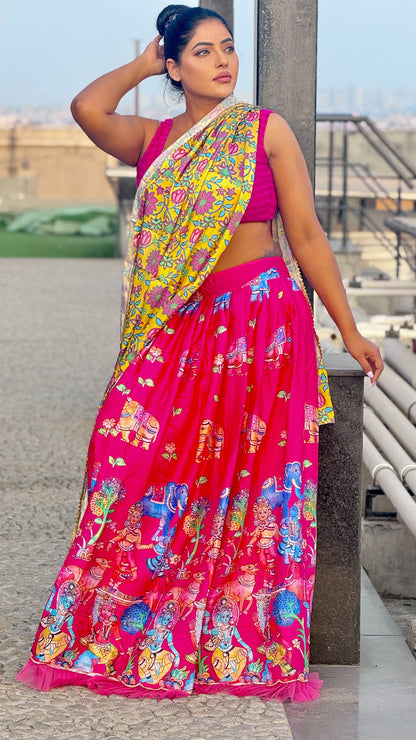 Kalamkari lehenga with dupatta and self design blouse