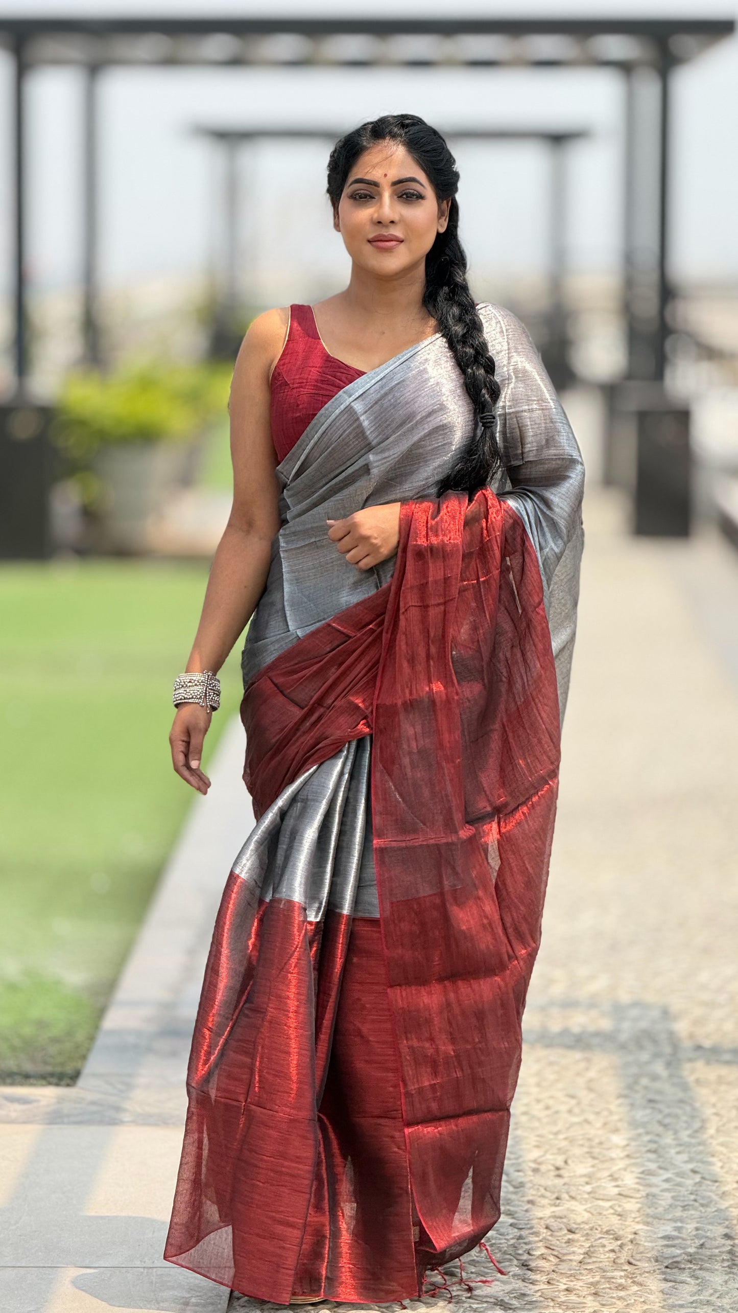Maroon and silver tissue saree
