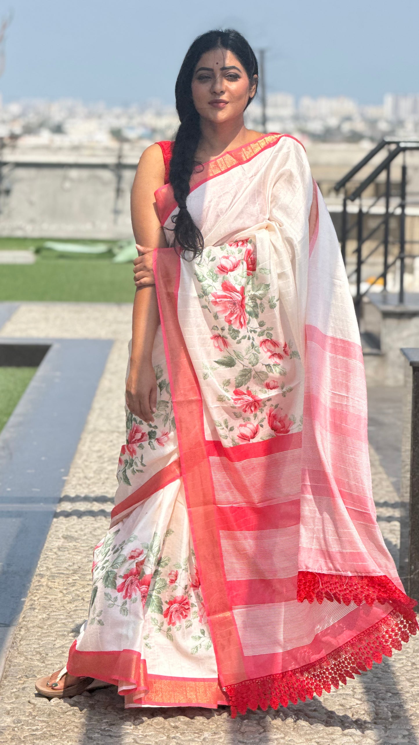 Pure tussar cream & red lace border