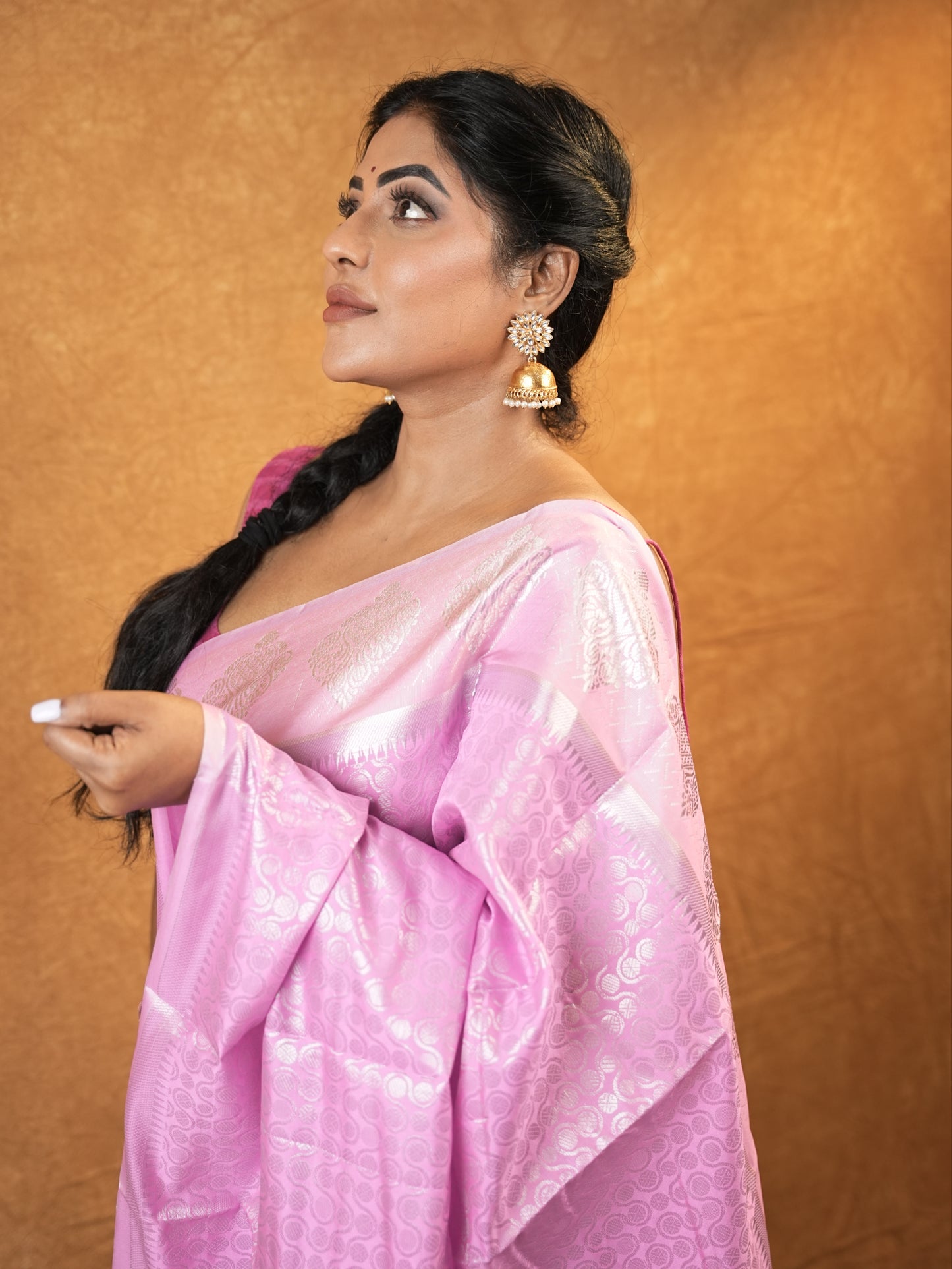 Baby pink and cream silk saree