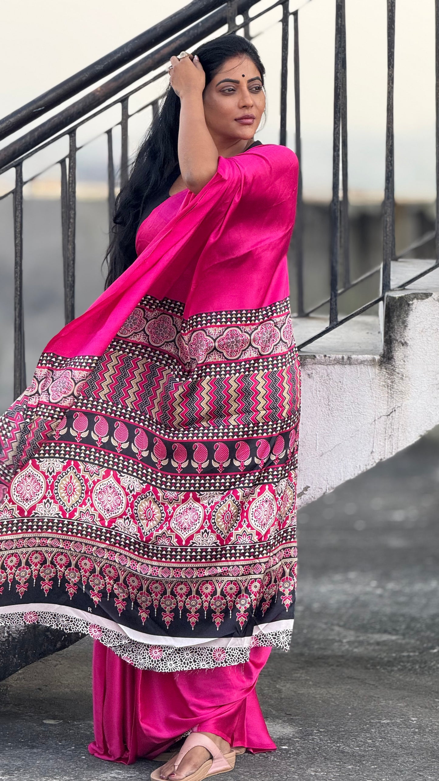 Ajrakh modal hot pink saree with contrast blouse