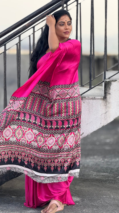 Ajrakh modal hot pink saree with contrast blouse