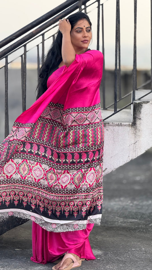 Ajrakh modal hot pink saree with contrast blouse