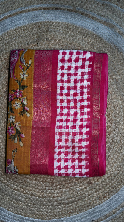 Checks border linen saree