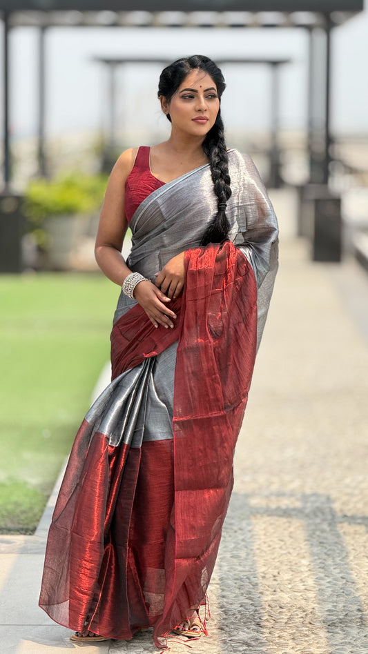 Maroon and silver tissue saree