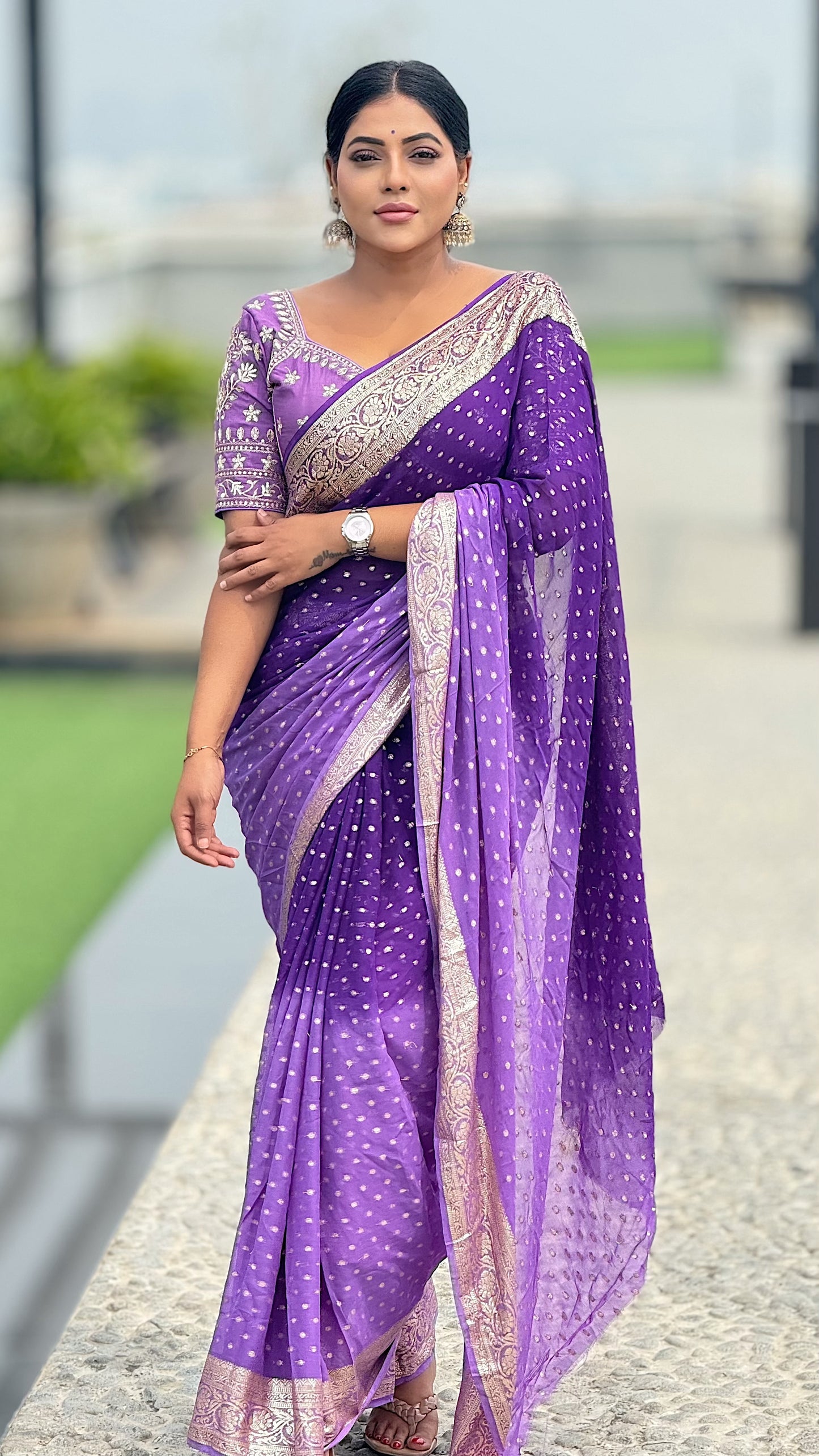 A Viscose Georgette Saree With Banarasi Multi Embroidery Work