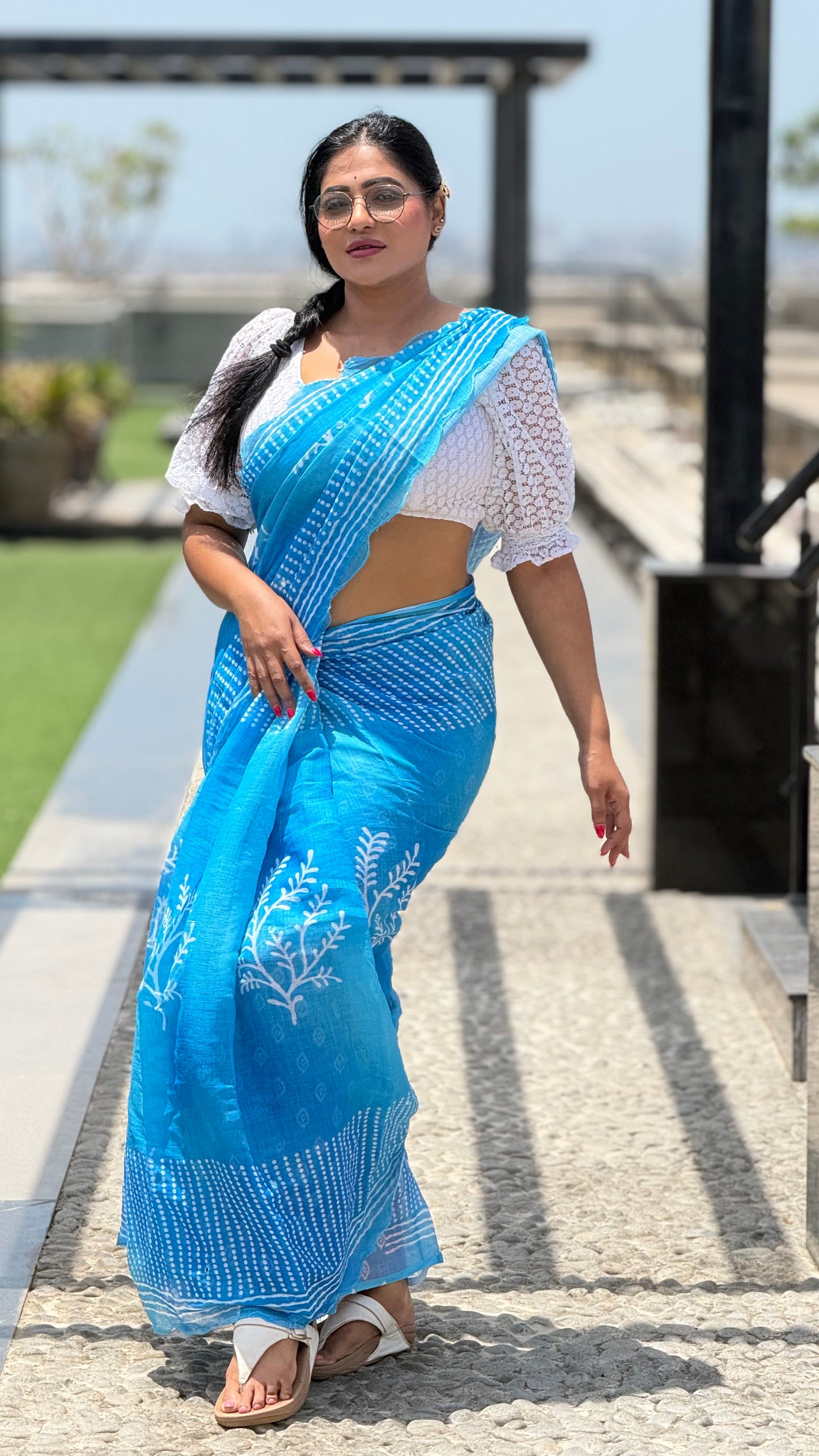 Aqua blue linen cotton with mirror work