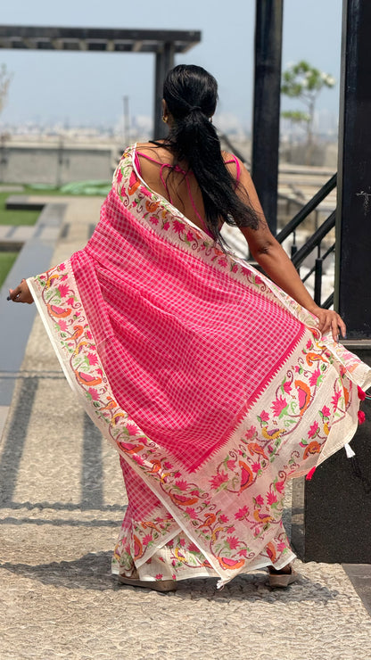 pink checks linen saree