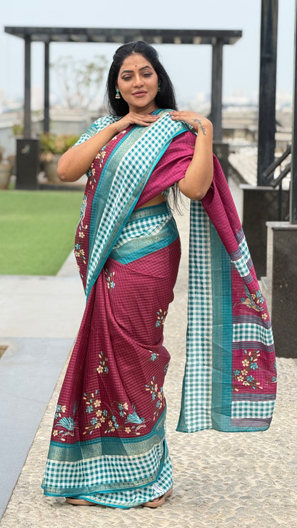 Checks border linen saree