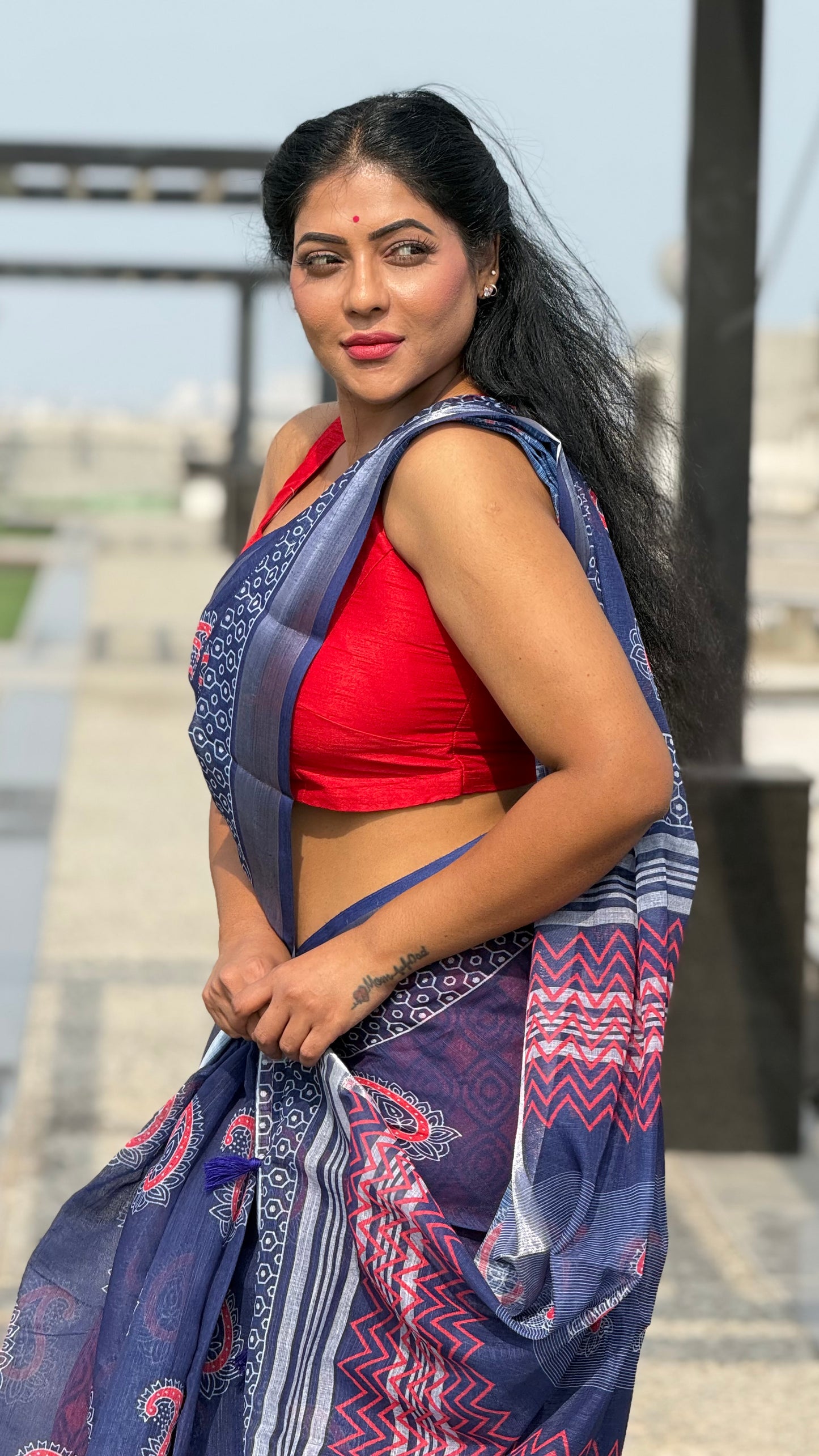 Blue and red linen cotton sarees