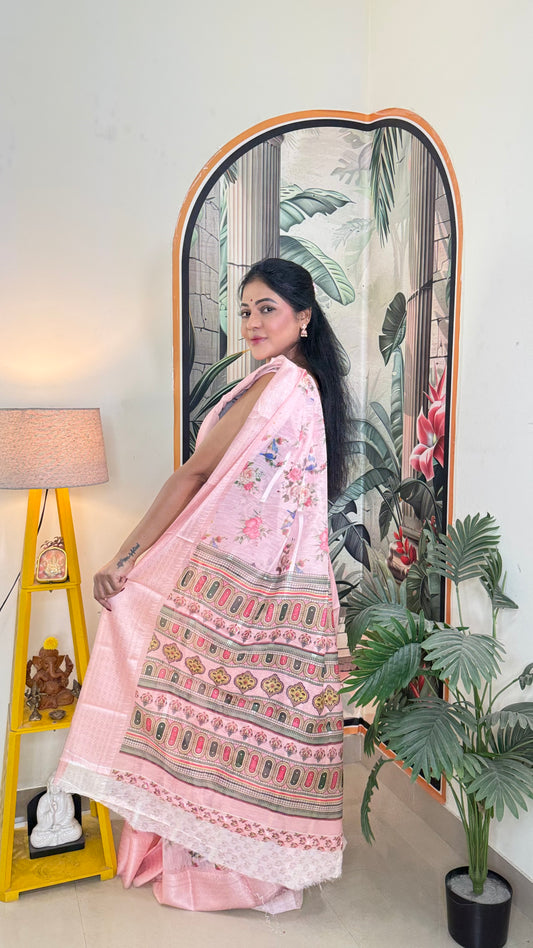 Soft linen floral print woven zari