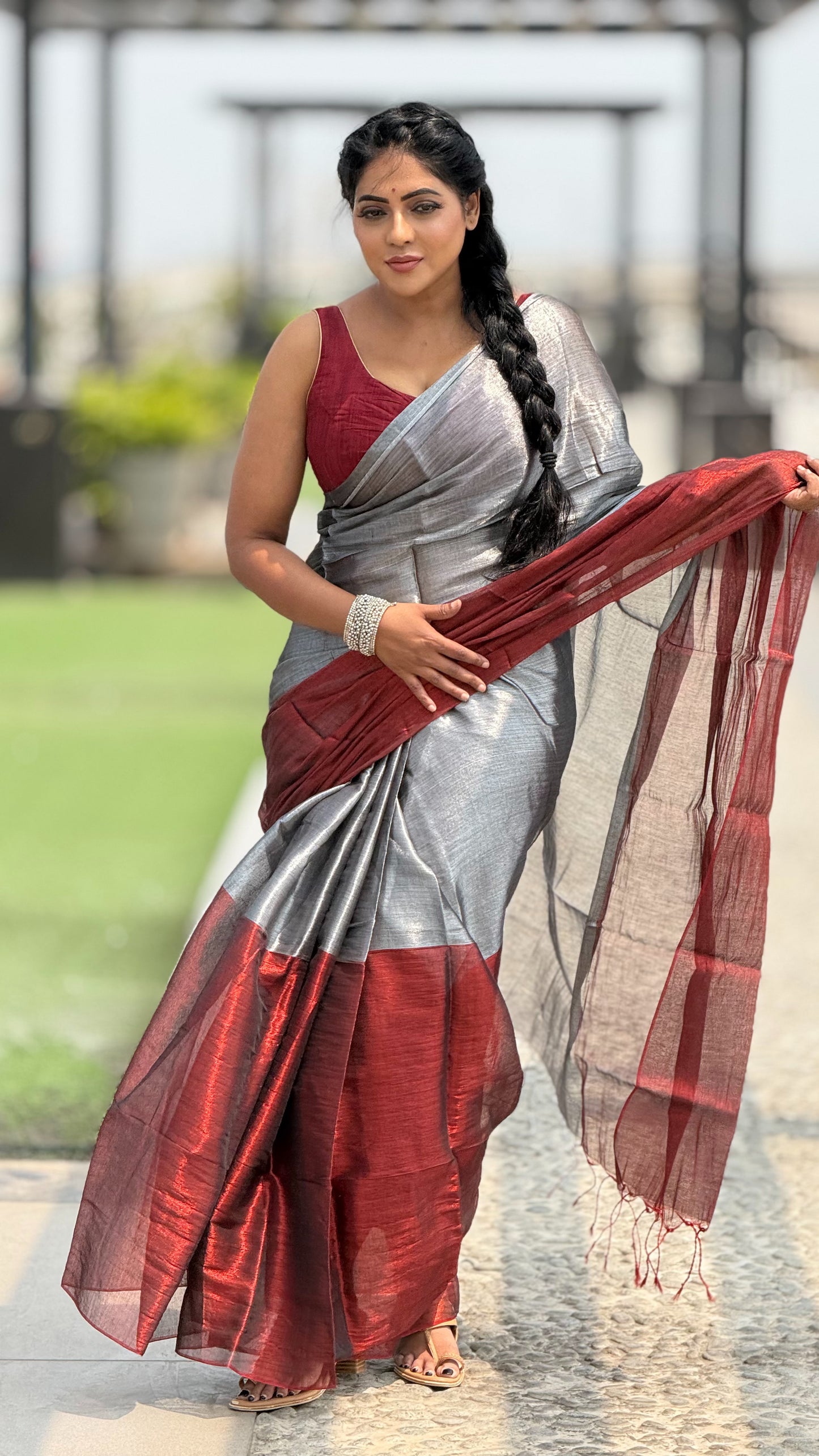 Maroon and silver tissue saree