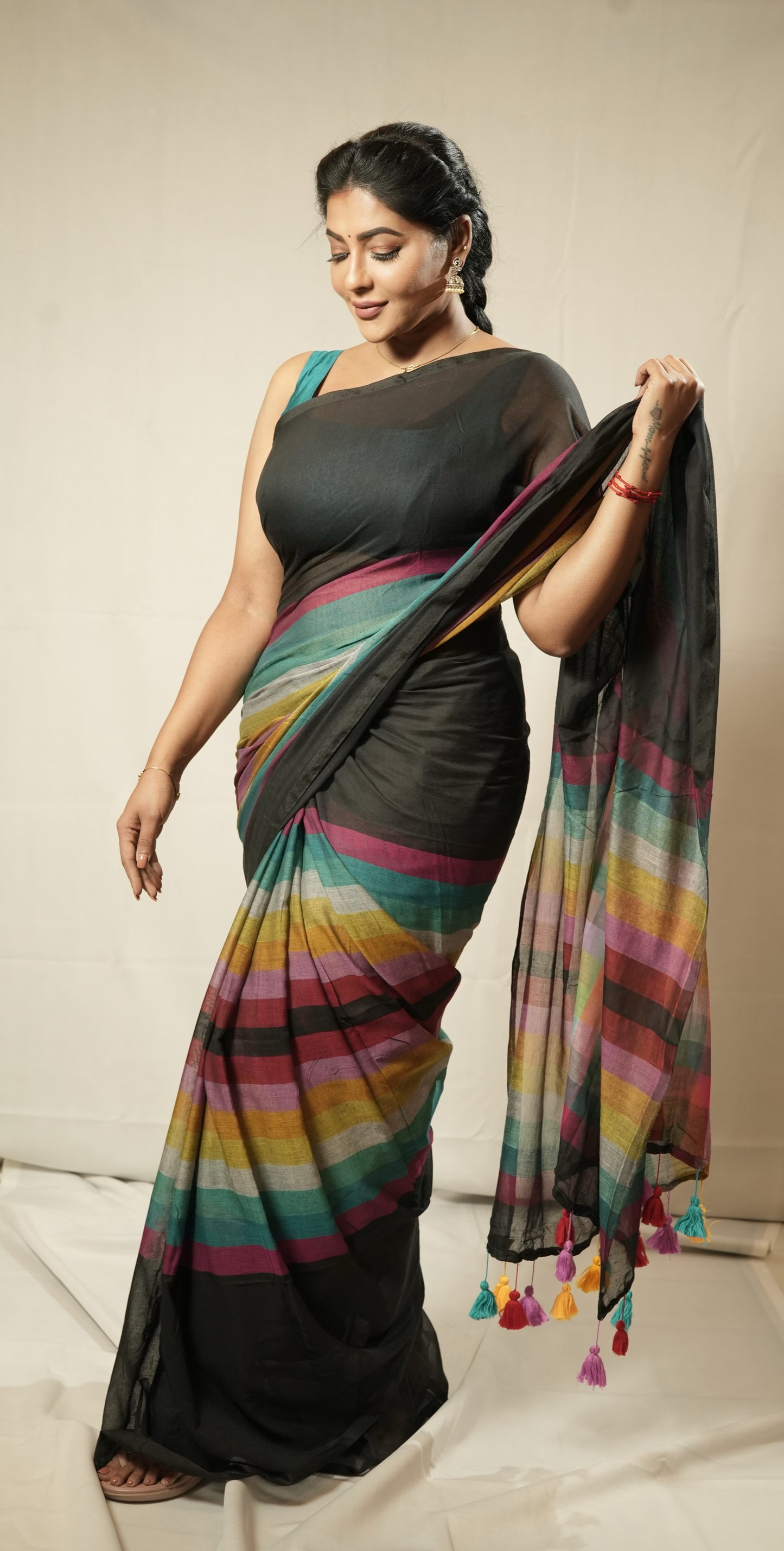 Rainbow mul cotton saree