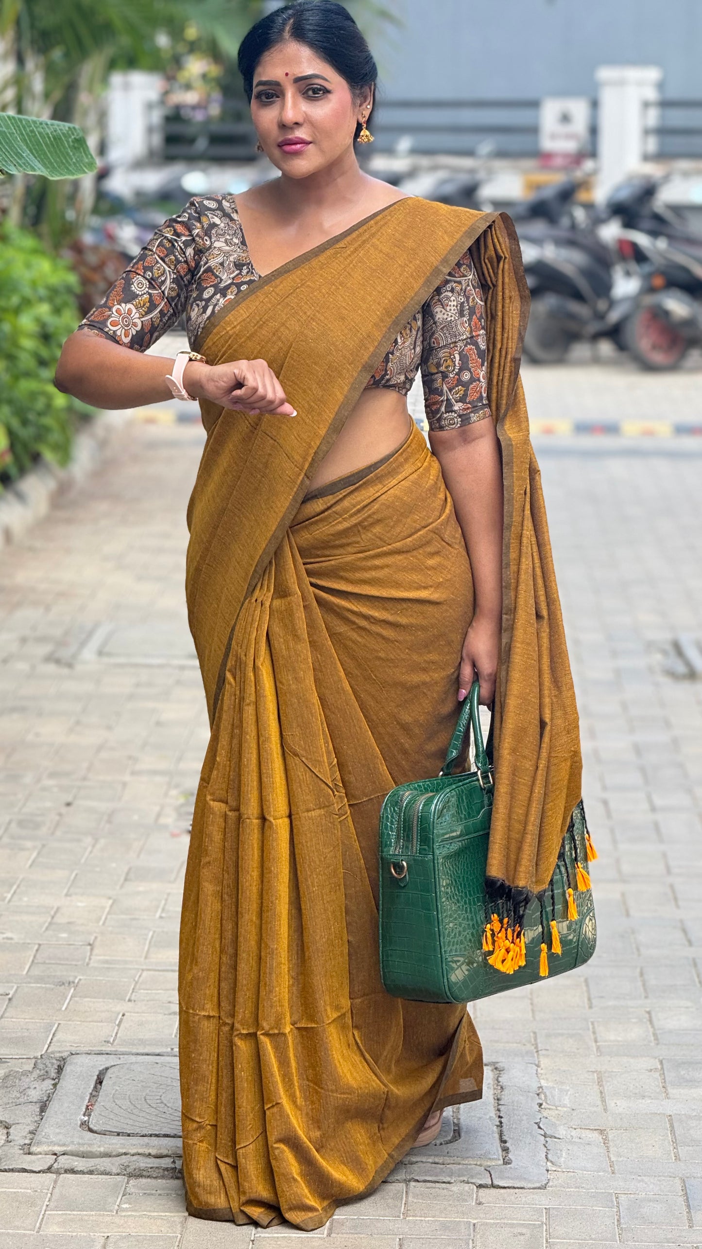 Khadi cotton saree with Kalamkari  blouse