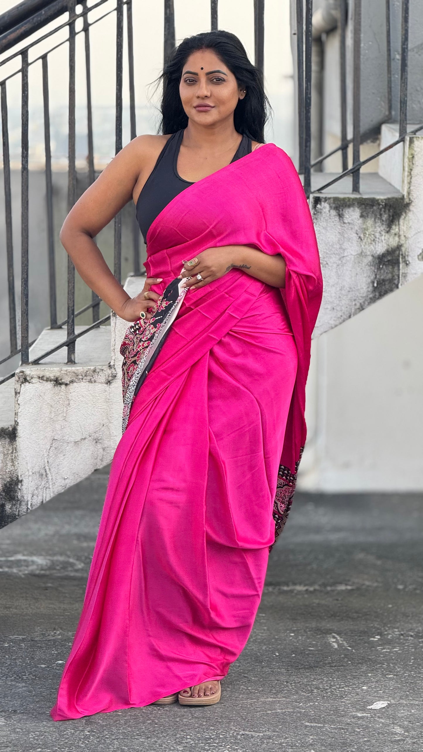 Ajrakh modal hot pink saree with contrast blouse