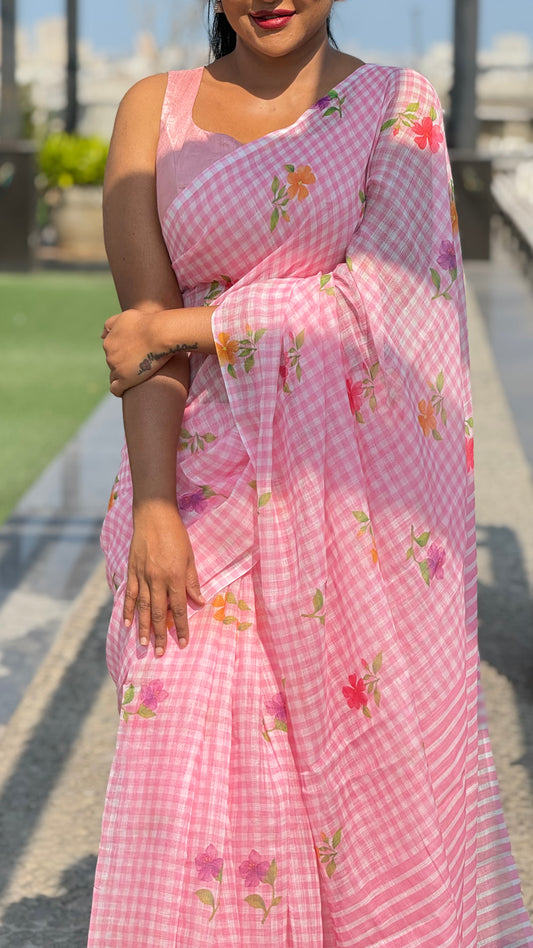Pink checks mul chanderi