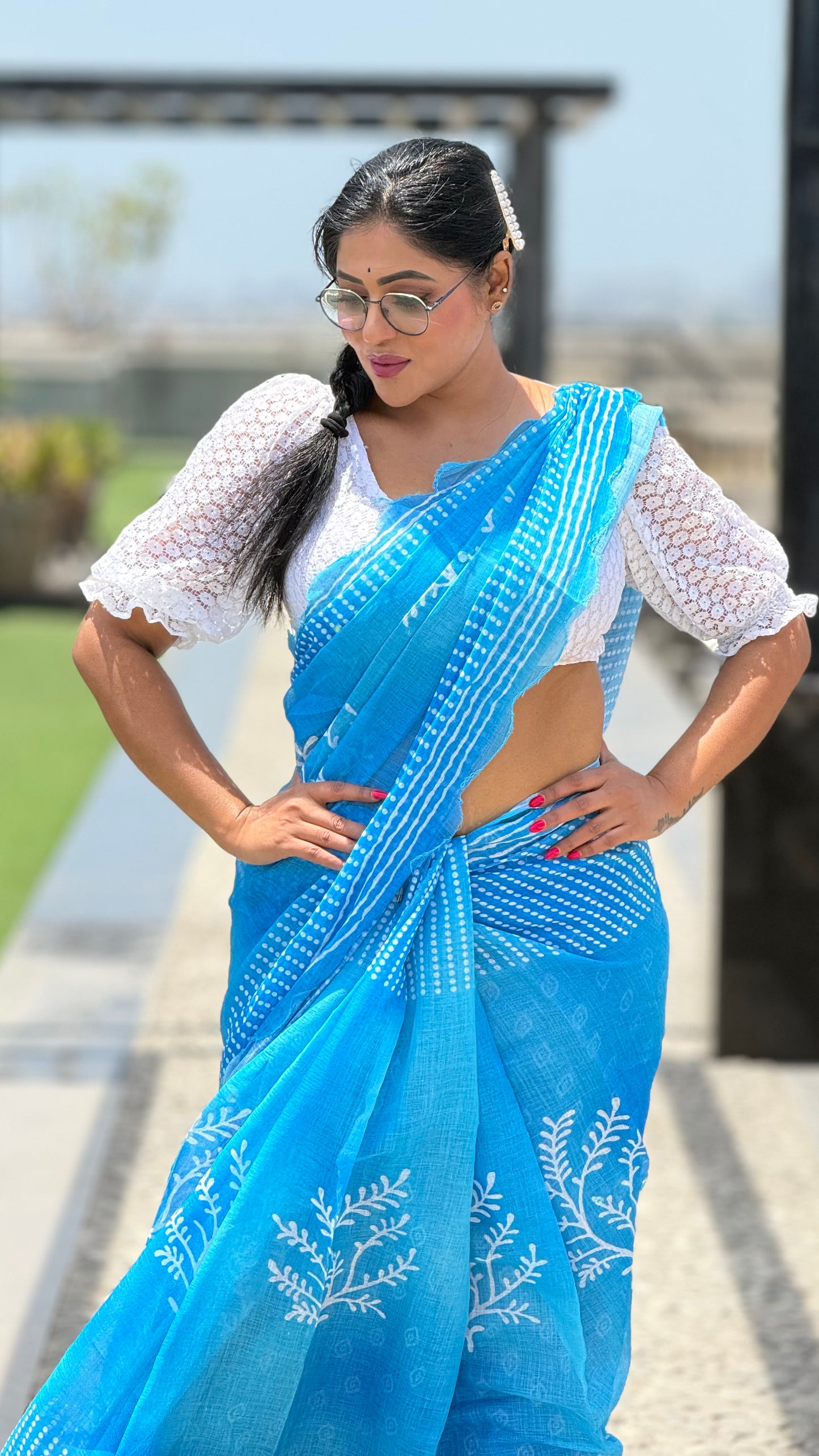 Aqua blue linen cotton with mirror work