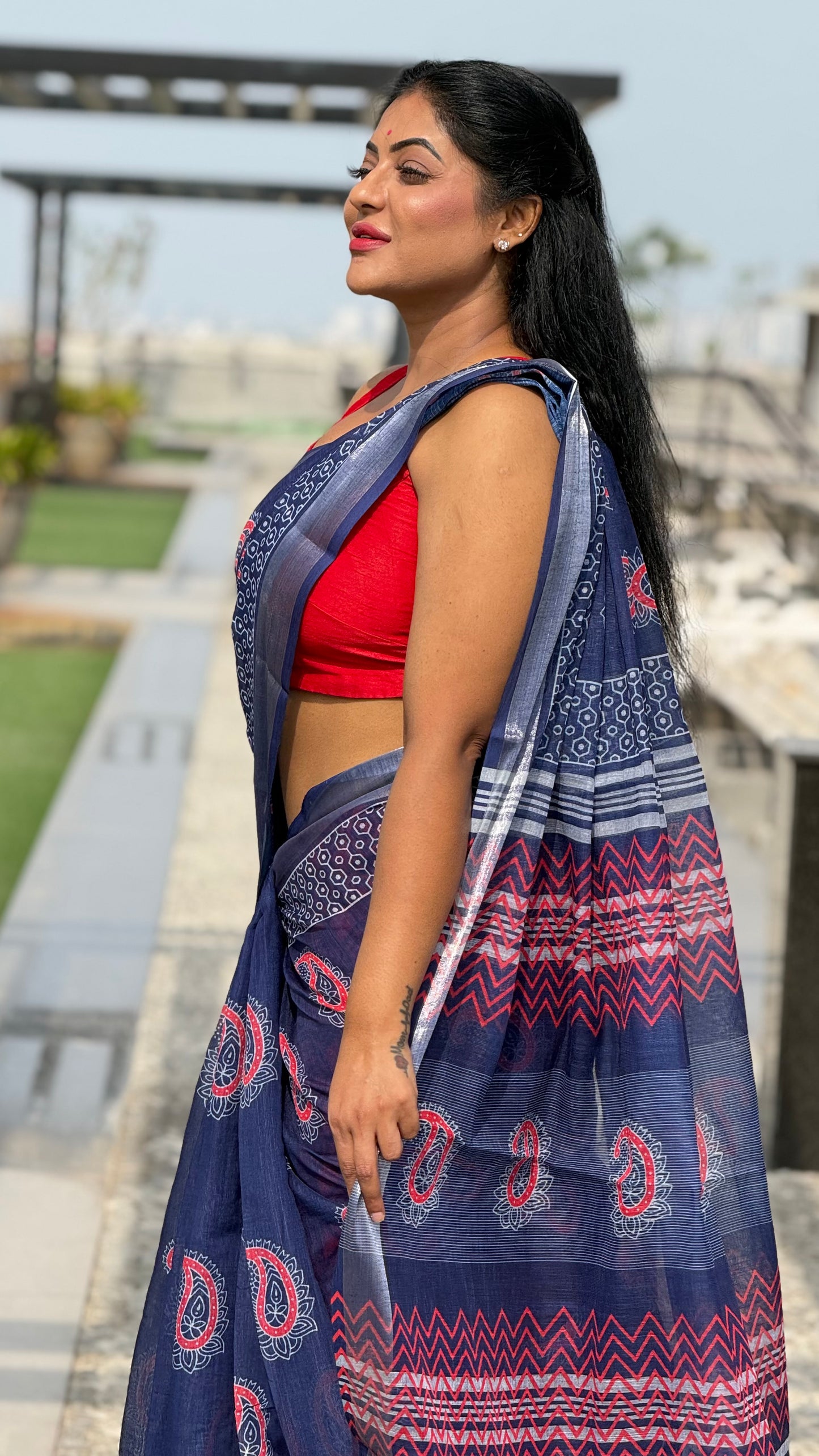 Blue and red linen cotton sarees