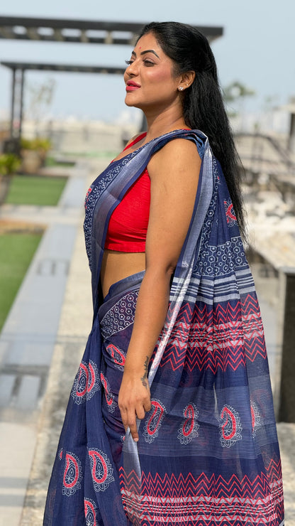 Blue and red linen cotton sarees