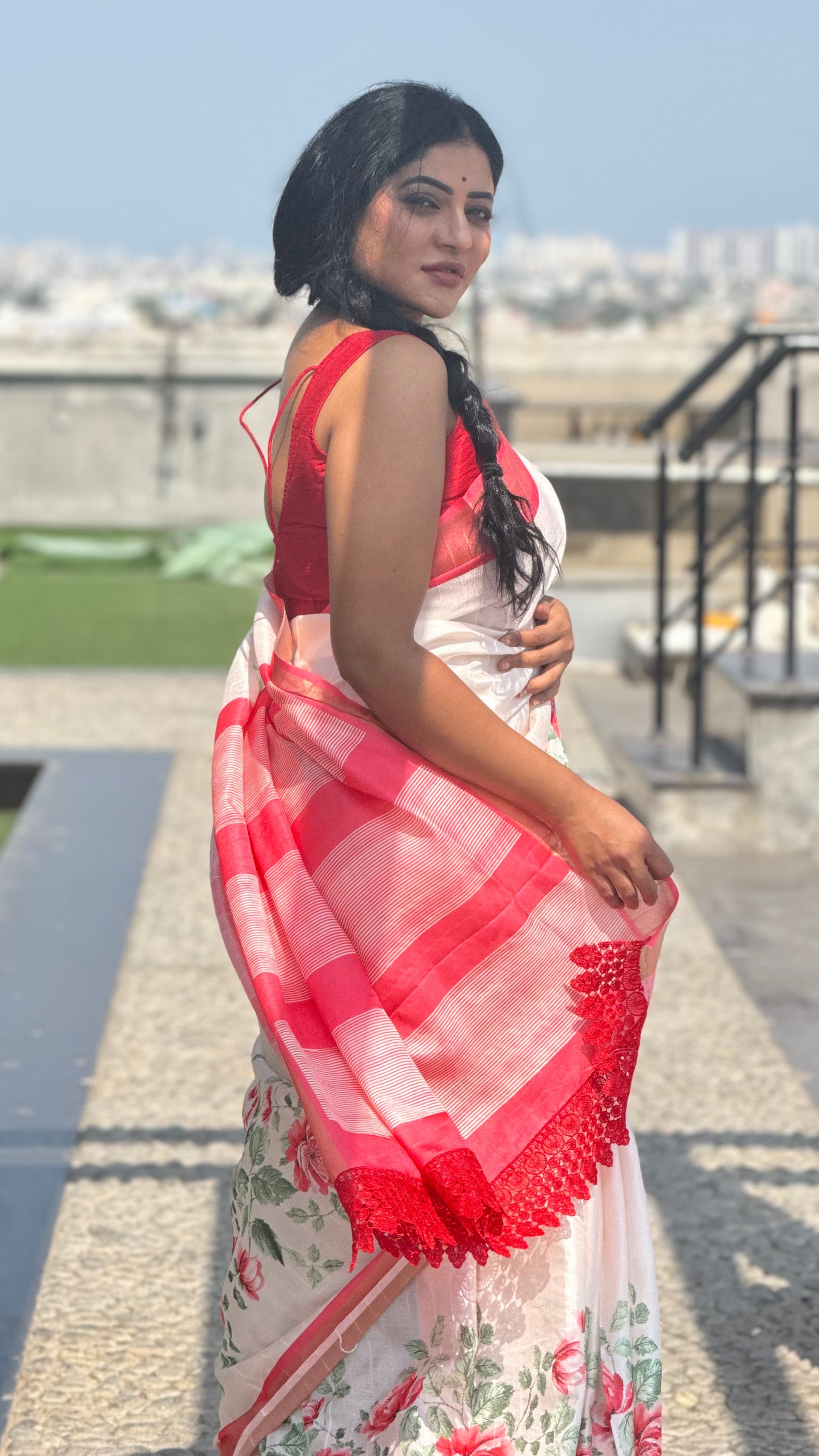 Pure tussar cream & red lace border